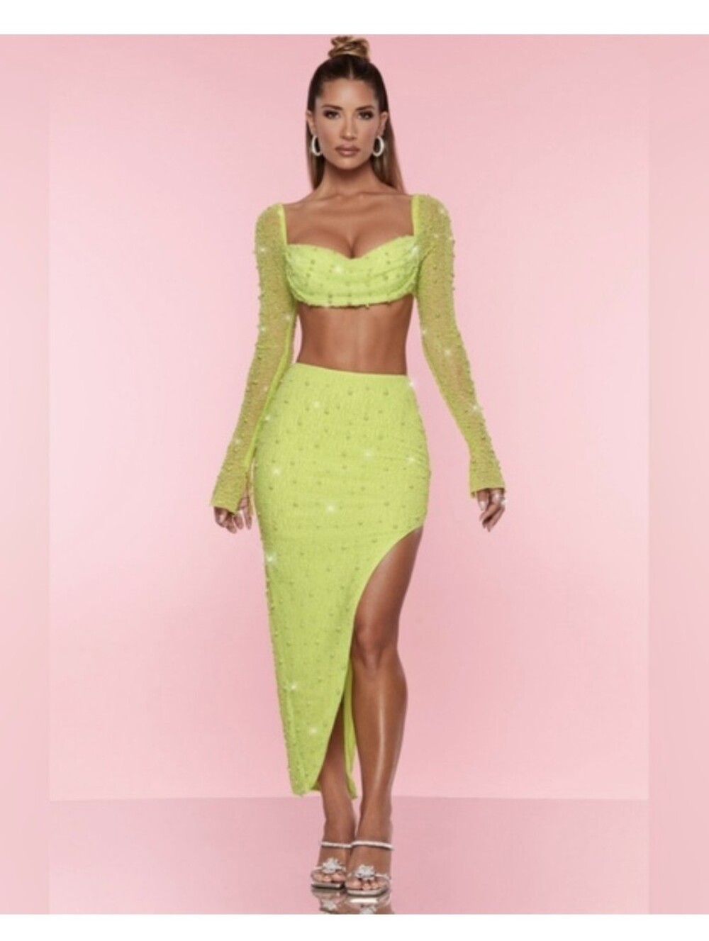 Oh Polly Lime High-Low Beaded Midi Skirt